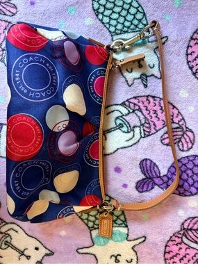Coach Leah Polka Dot Demi Baguette  Navy Shoulder Bag Tan Strap